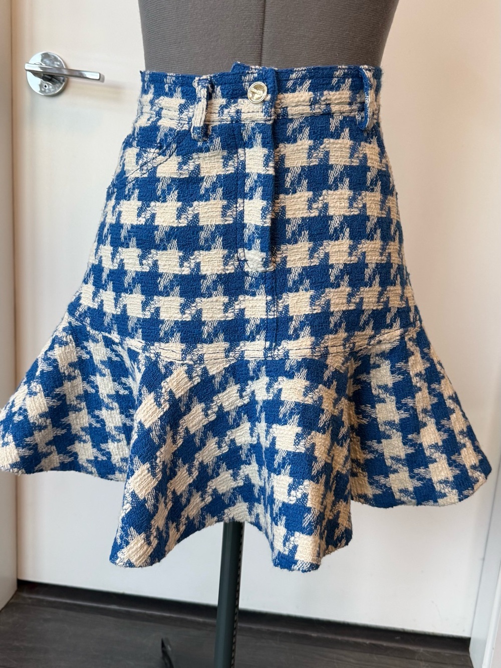 Sandro Blue and Cream Houndstooth Flared Skirt